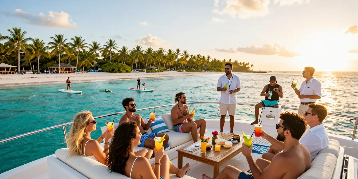 Boat rental Punta Cana experience on a luxurious yacht with guests enjoying drinks and activities against a stunning tropical backdrop.
