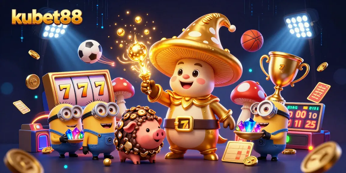 Kubet88's lively casino scene features a golden wizard and treasure-hunting pig surrounded by vibrant game elements.