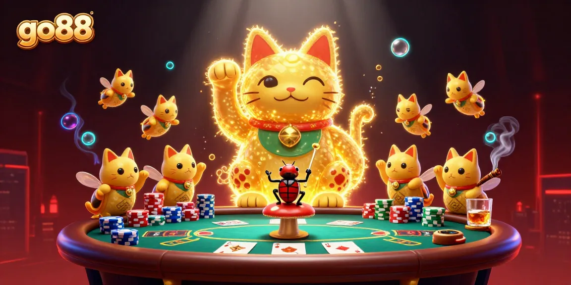 Experience go88's vibrant atmosphere as golden fireflies form a lucky cat amid casino symbols and poker elements.