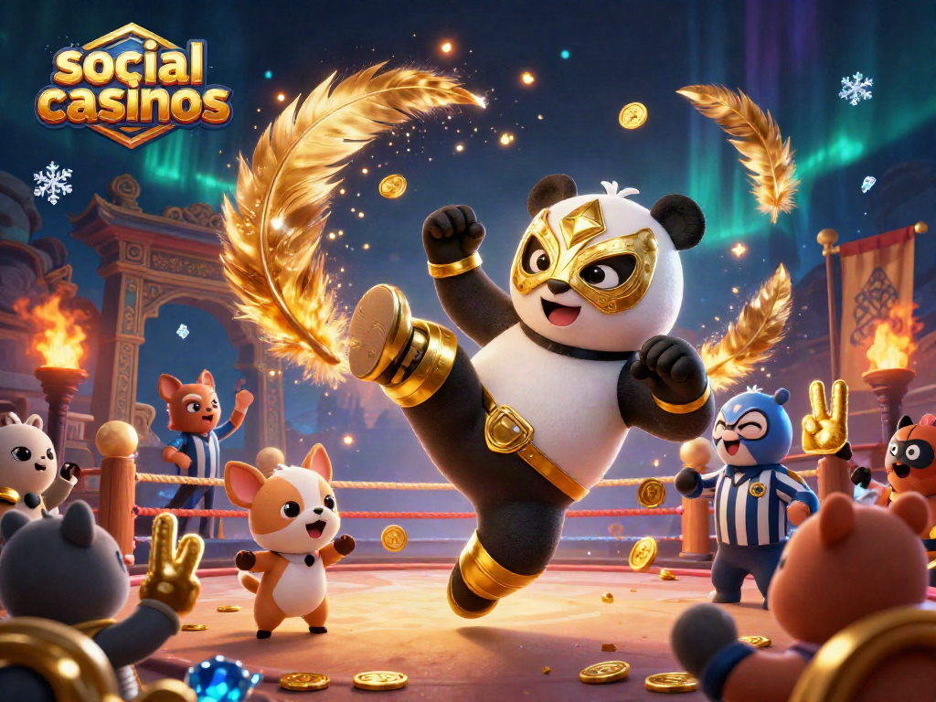 Engaging scene showcasing social casinos with a panda wrestler performing a kick, energetic animal crowd, and many casino elements.