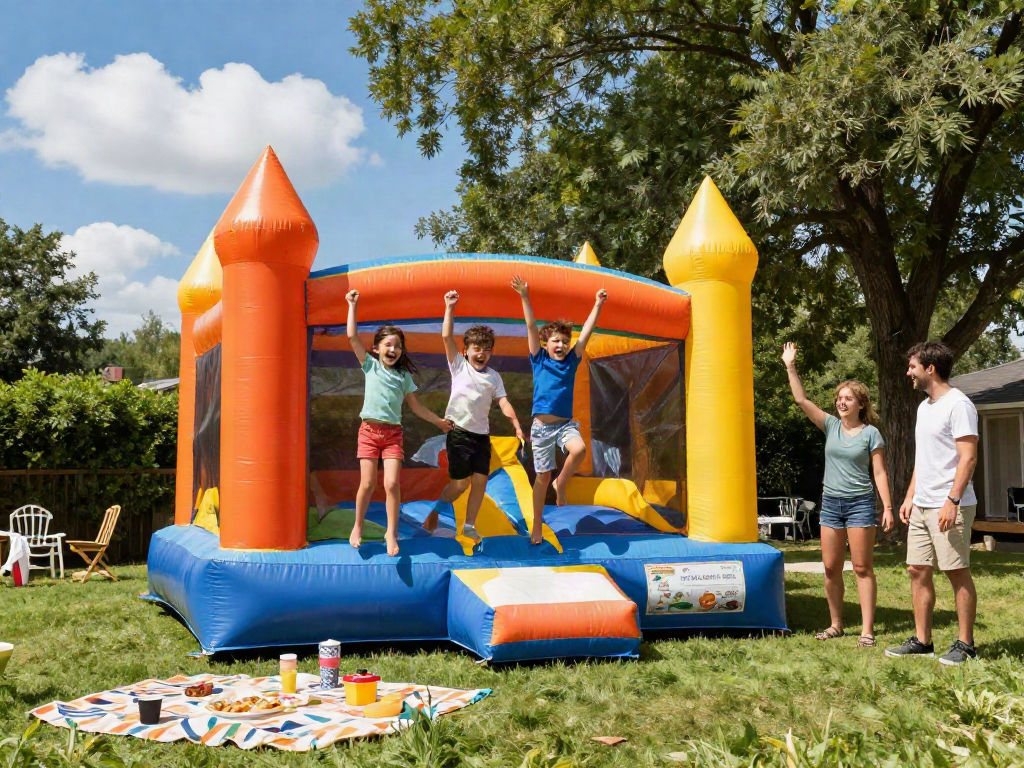 Kids enjoying an inflatable bounce house in a sunny backyard party setting.