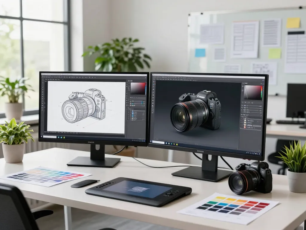 Image to 3D model generation in a modern tech workspace with designer tools and vibrant atmosphere.