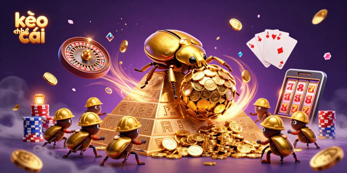 Engage in kèo nhà cái with a playful golden beetle and dynamic casino elements.