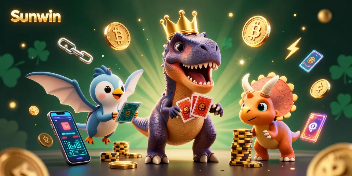 Experience thrilling gaming with Sunwin as a friendly dinosaur shuffles cards amidst vibrant crypto elements.