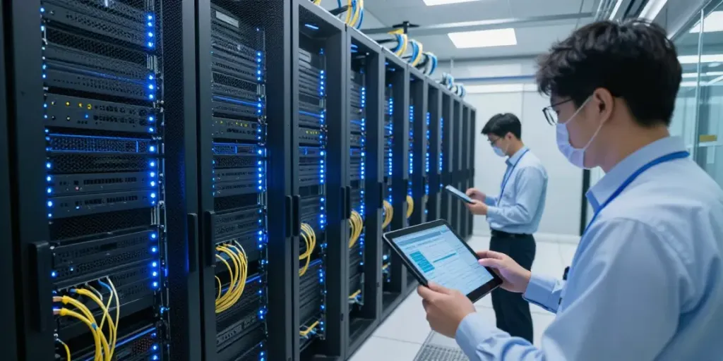 Server configuration review in a modern data center with advanced security measures.