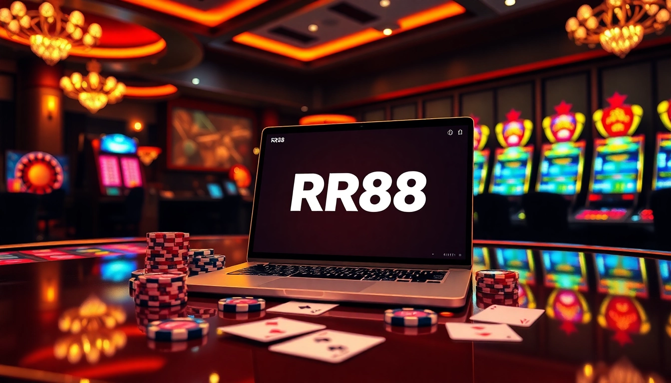 Experience exhilaration with RR88 apk in a vibrant online casino setting featuring poker chips and sleek tables.