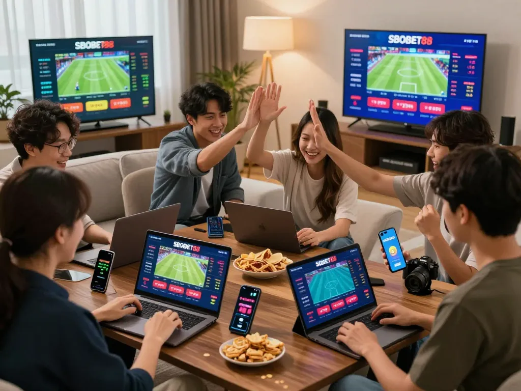 SBOBET88 online betting excitement with friends celebrating wins in a cozy living room.