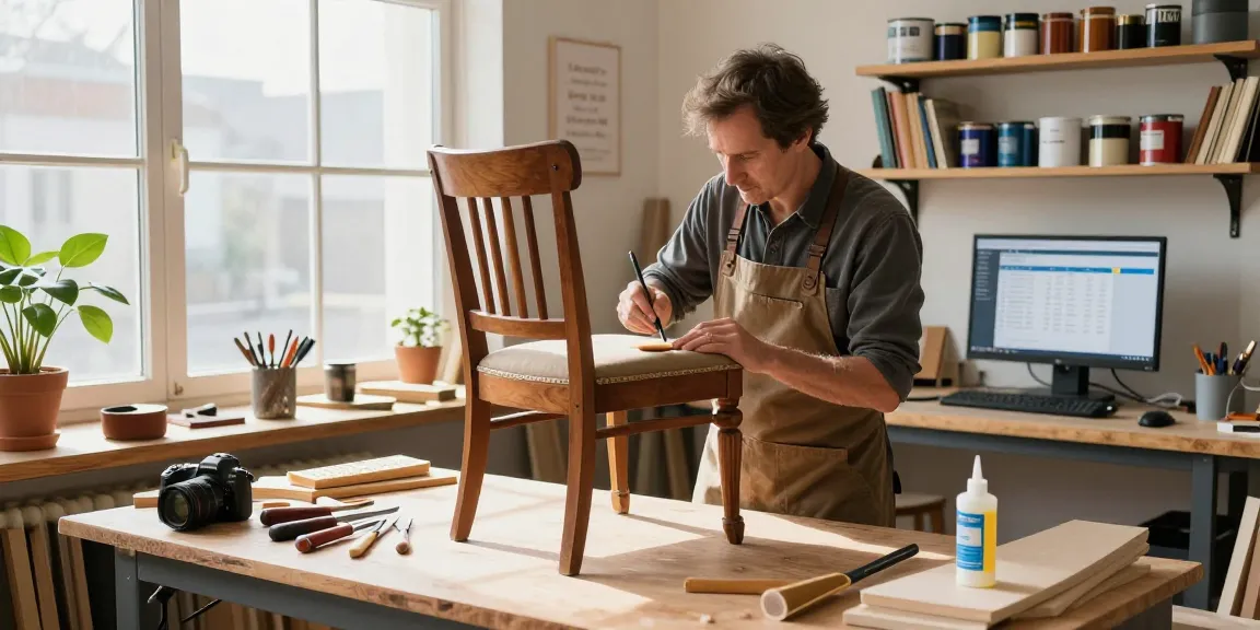 Craftsman using software for furniture repair companies in a bright workshop.