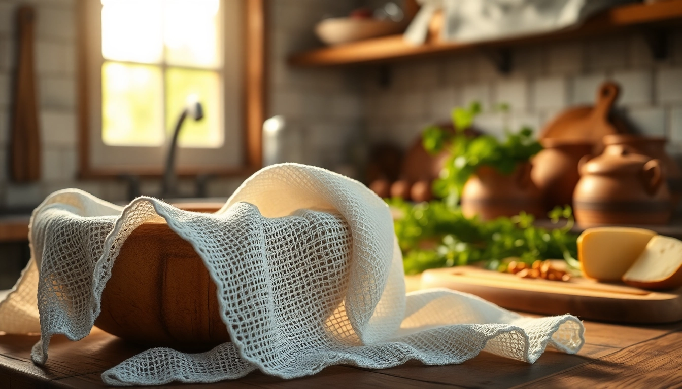 Kaasdoek elegant draped over a bowl in a rustic kitchen ambiance.