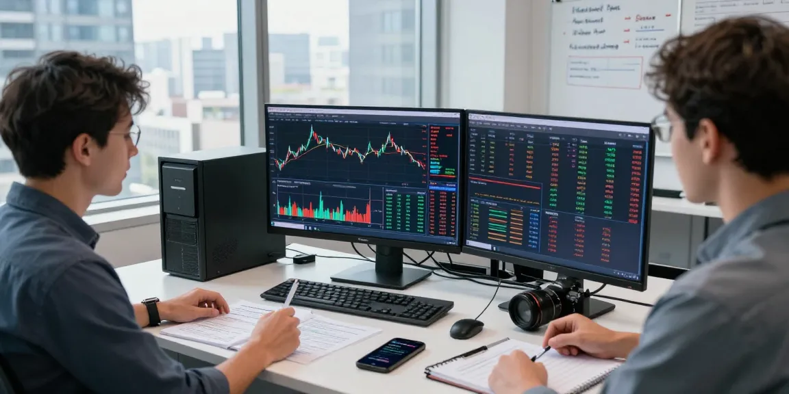 Professional trader monitoring Dublin VPS for Polymarket VPS on multiple screens in a bustling urban office.