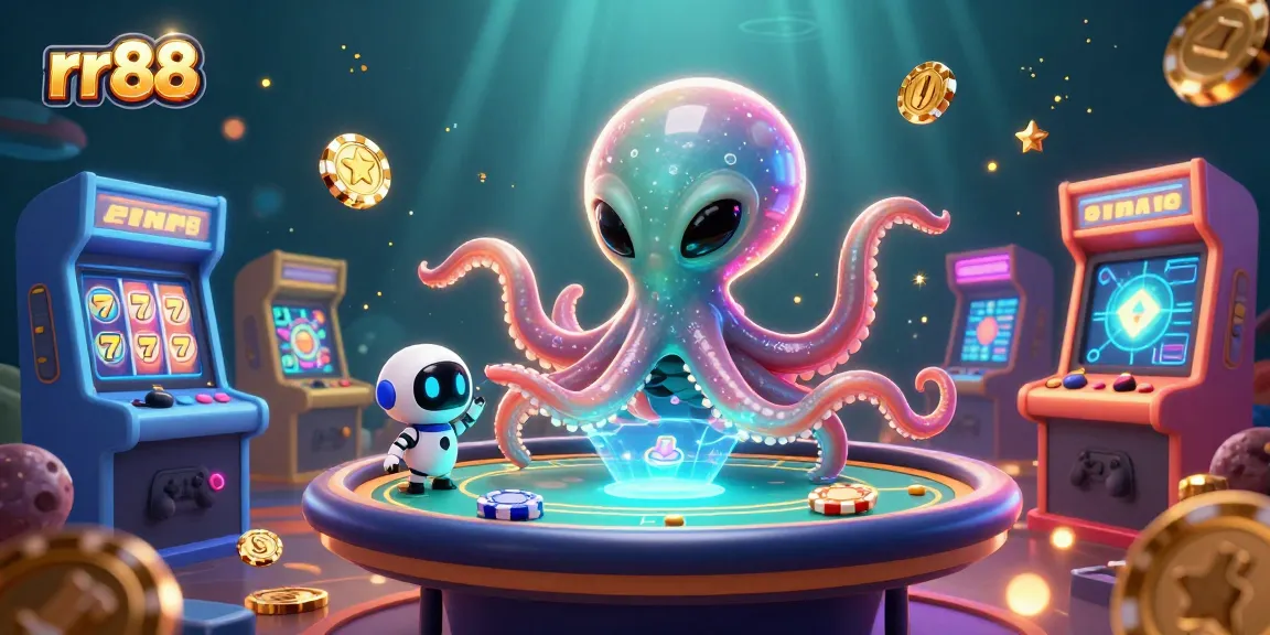 Experience the thrill of gaming at rr88 with a cosmic octopus and robot at a poker table.