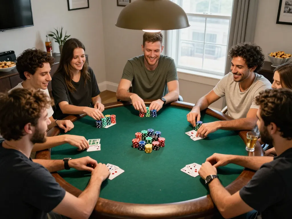 Friends enjoying poker night at home, showcasing GG88 gameplay strategy and interaction