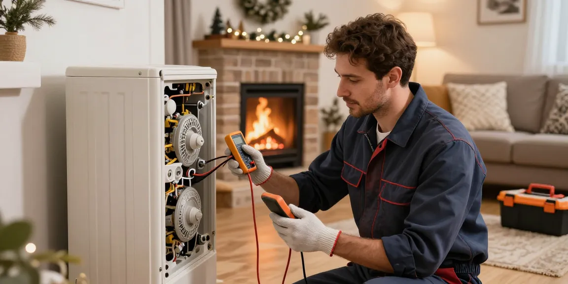 Van baymak servisi technician repairing a kombi in a warm home setting