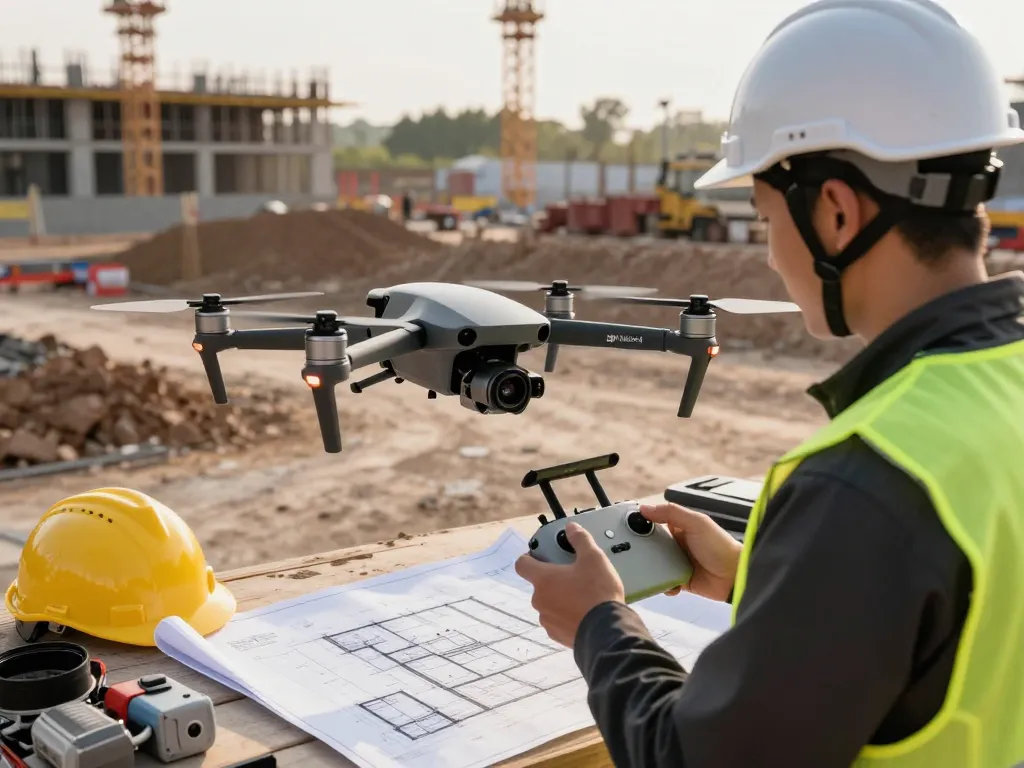 Operator flying the DJI Matrice 4 drone at construction site, showcasing advanced surveying capabilities.
