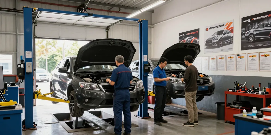 Shop repairs in a busy auto repair shop with mechanics at work.