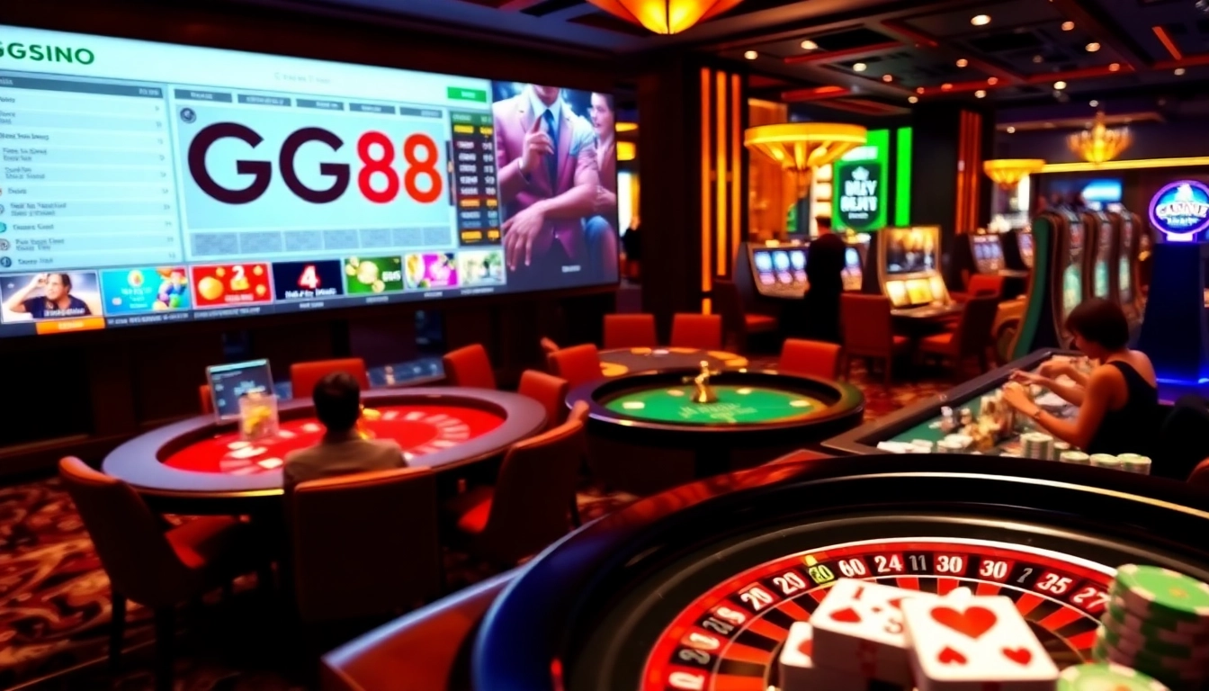 Experience the thrill of GG88 gambling with a luxurious casino scene featuring poker tables and vibrant slot machines.