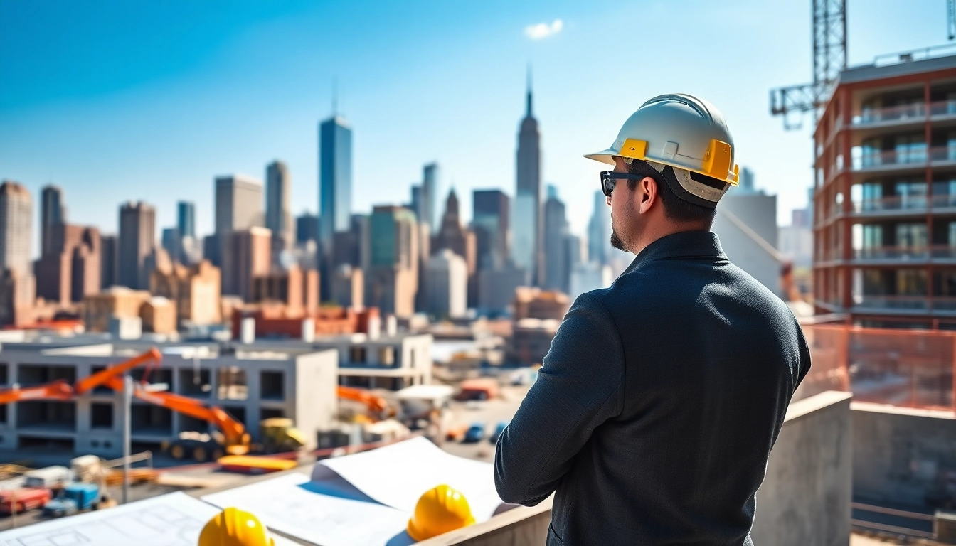 New York City Commercial General Contractor supervising an urban construction site with skyline.