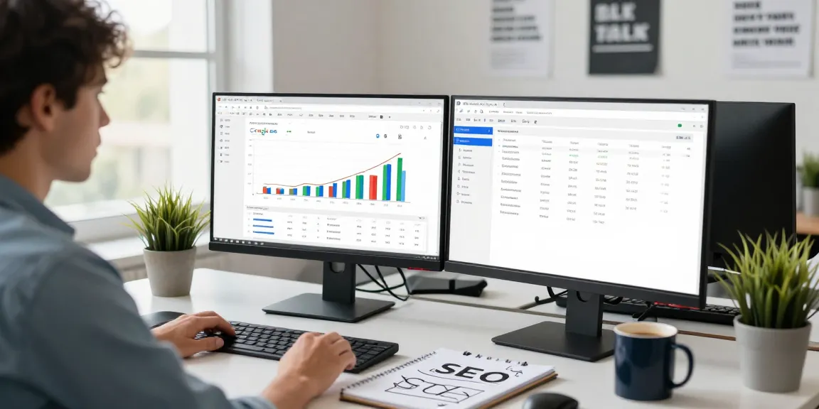 SEO expert optimizing https://landings.md in a modern marketing office with data analytics and keyword tools.