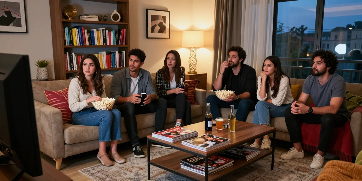 Group of friends enjoying مسلسل، مسلسلات تركية، مسلسلات عربية in a cozy living room