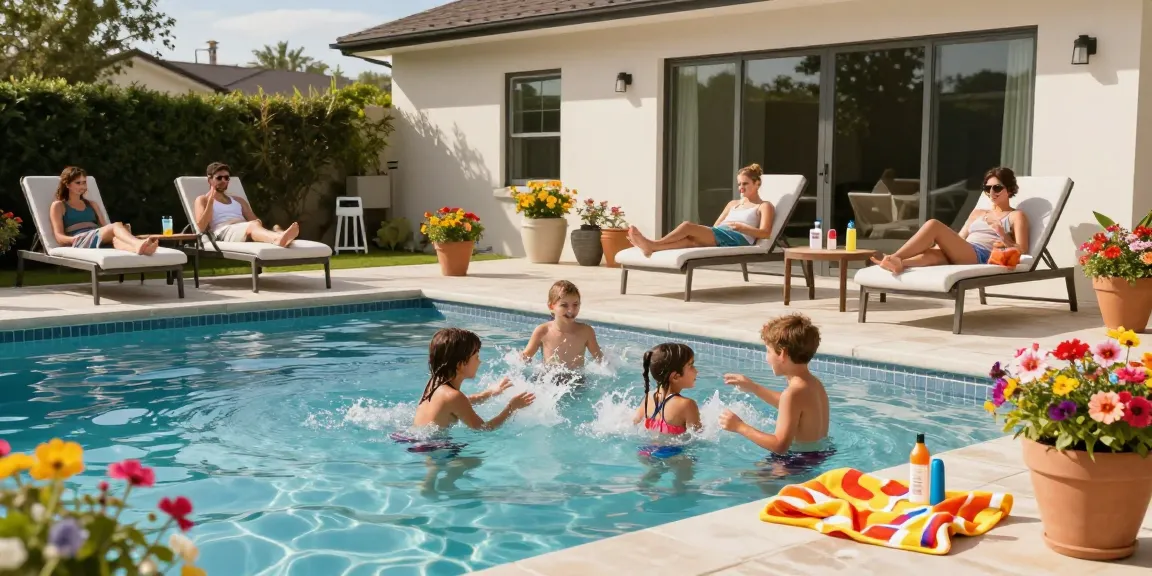 Dolphin Pool Services family enjoying a sunny afternoon by the pool, showcasing a vibrant and inviting atmosphere.