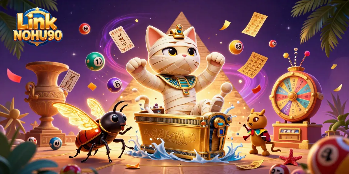 Engaging the gaming saga with Link NOHU90, featuring an Egyptian mummy cat and vibrant casino elements.