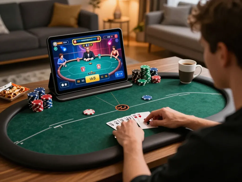 uu88 player strategizing in online poker game, showcasing gaming atmosphere and focus