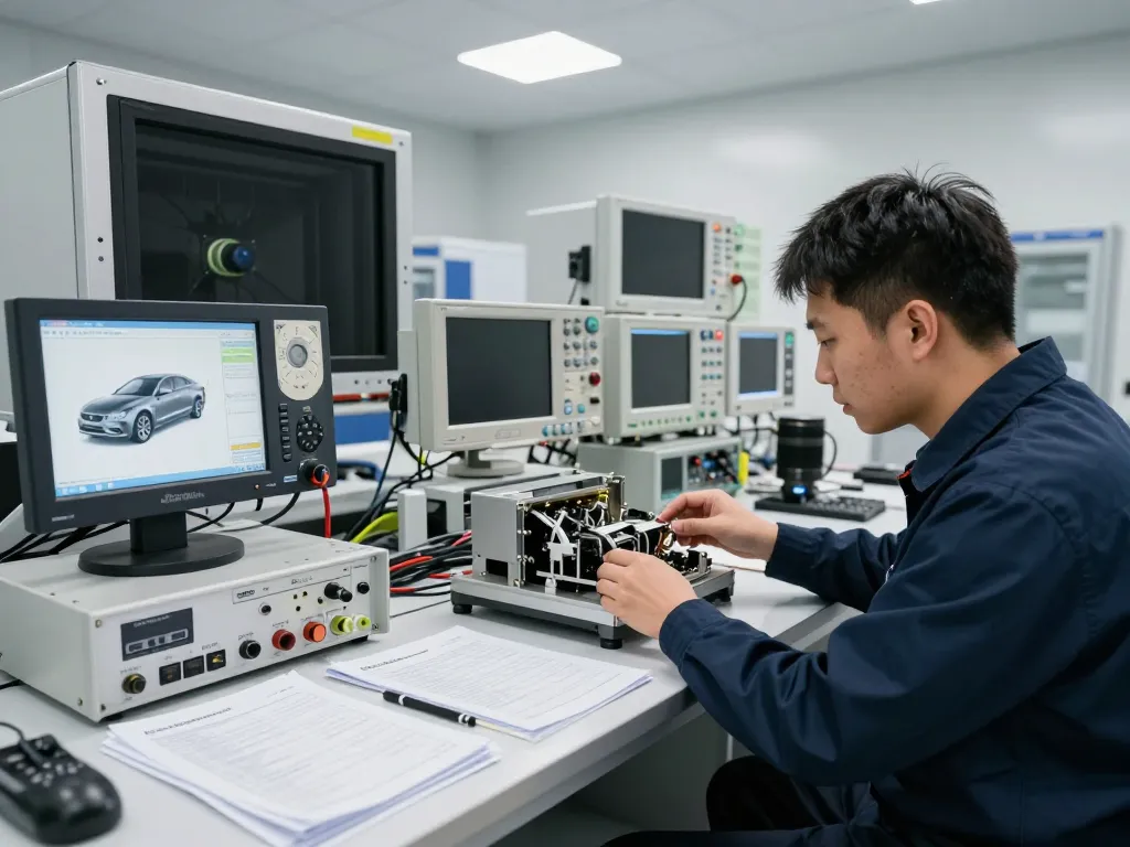 Automotive EMC testing in a modern lab, technician analyzing vehicle components with advanced equipment.