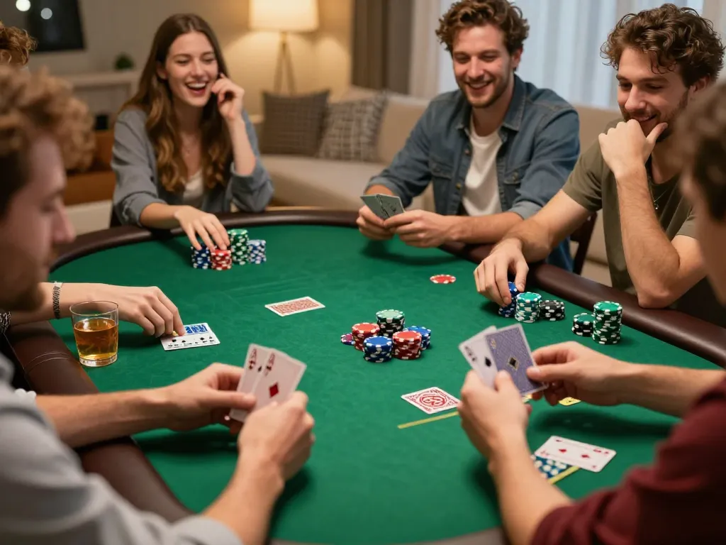 Tỷ lệ kèo nhà cái hôm nay illustrated by friends playing poker at home, engaged in a dynamic game.