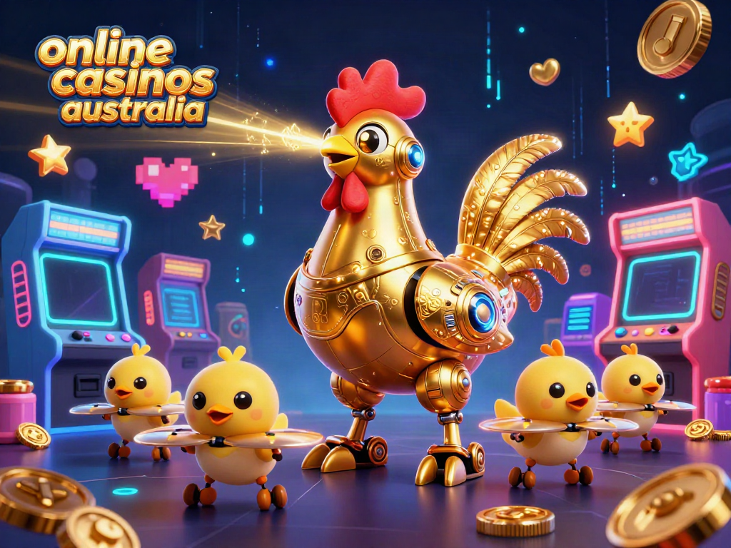 Experience the thrills of online casinos Australia with this vibrant 3D casino scene featuring a golden rooster robot.