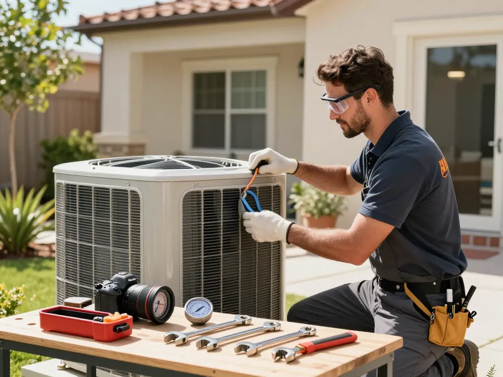 HVAC in Las Vegas, technician maintaining air conditioning unit in a modern home.