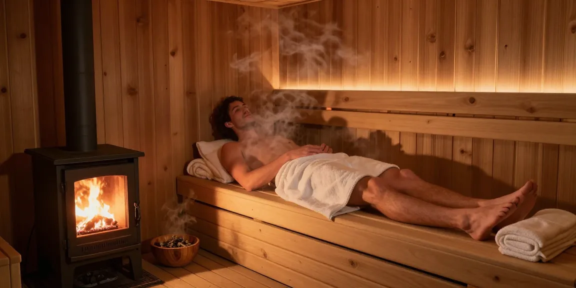 Relaxing sauna experience with izba24.by's wood stove creating a serene atmosphere.