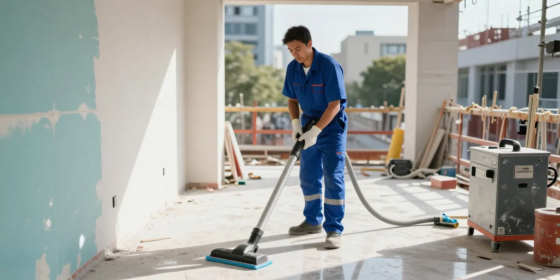 bauendreinigung preis highlighted in a professional cleaning scene where a cleaner finalizes construction site cleaning.