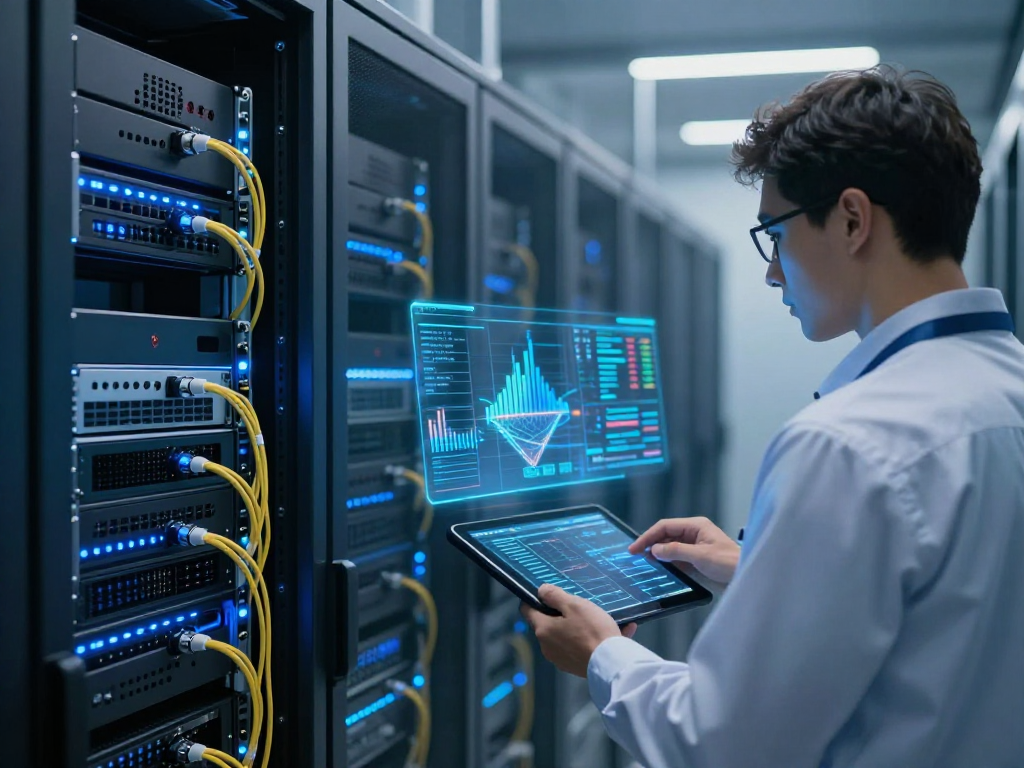 UK IPTV technology showcased with advanced cloud computing infrastructure and robust cybersecurity systems in a modern data center.