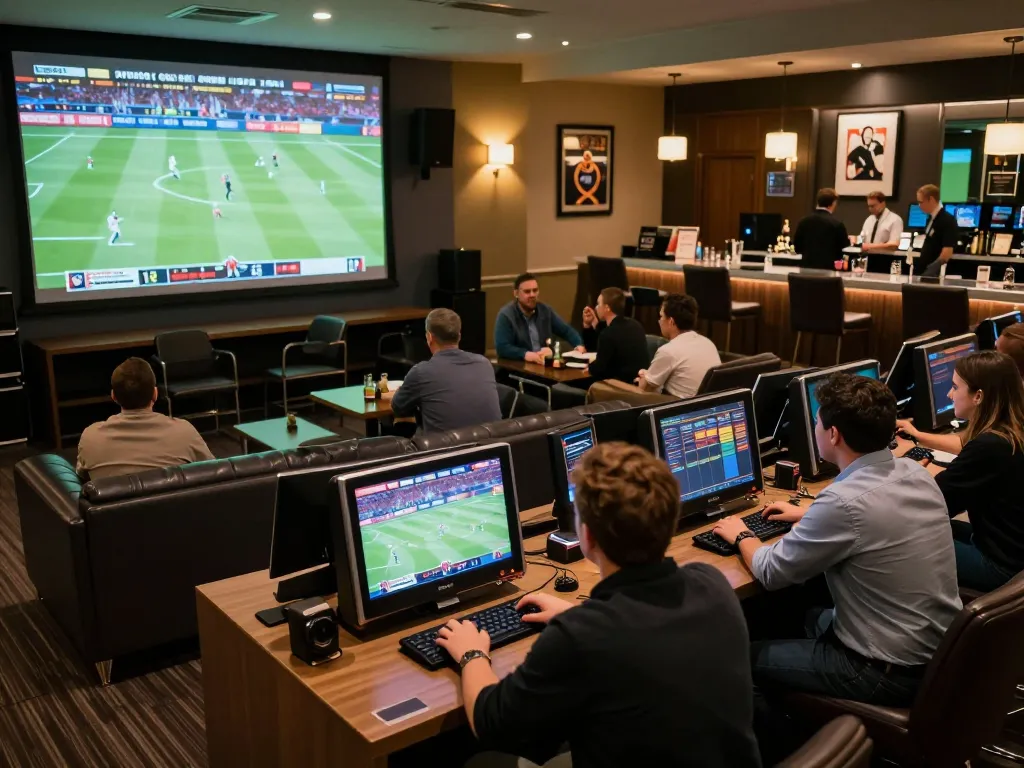 Fans placing bets on net88 at a vibrant sports betting lounge during live game events.