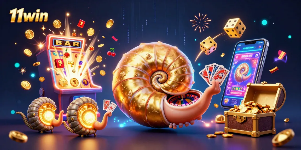 11win's vibrant 3D casino scene with a nautilus roulette wheel, slot jackpots, and glowing treasures.