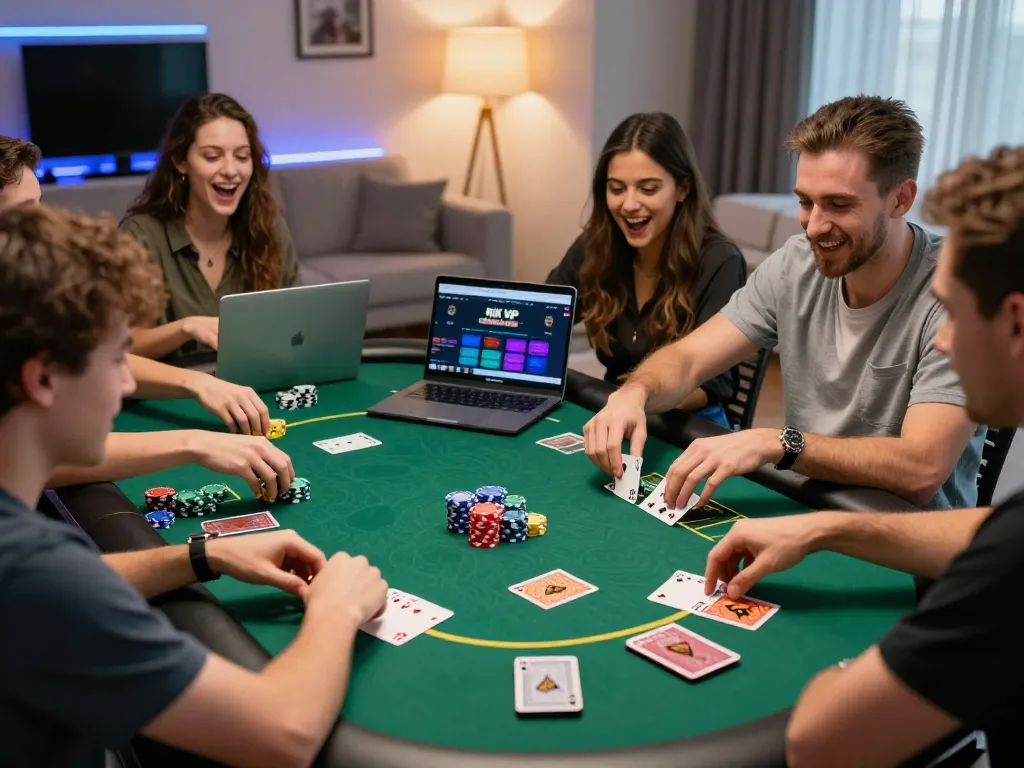 Friends playing poker on the Rik VIP platform, showcasing vibrant online gaming.