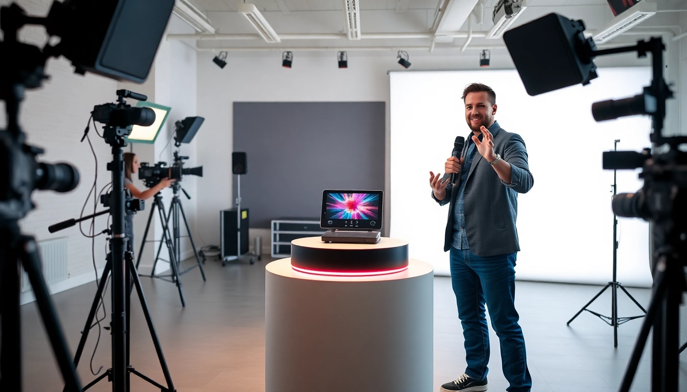 Engaging video showcasing product demonstrations with a professional videographer in a modern studio.