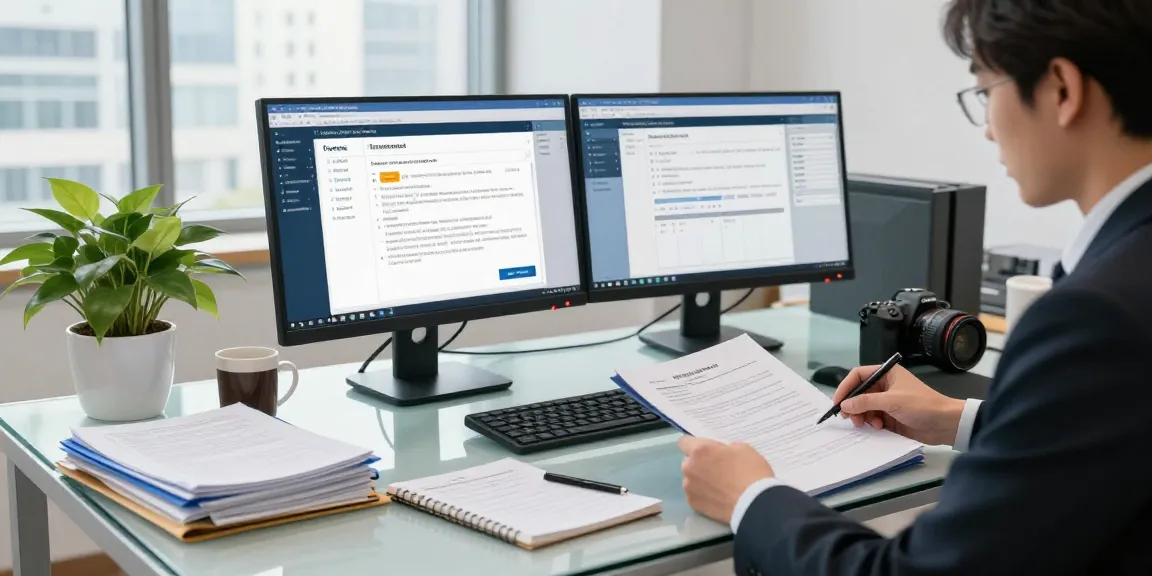 Document fraud detection analysis in a modern office setting, with compliance officer reviewing documents.