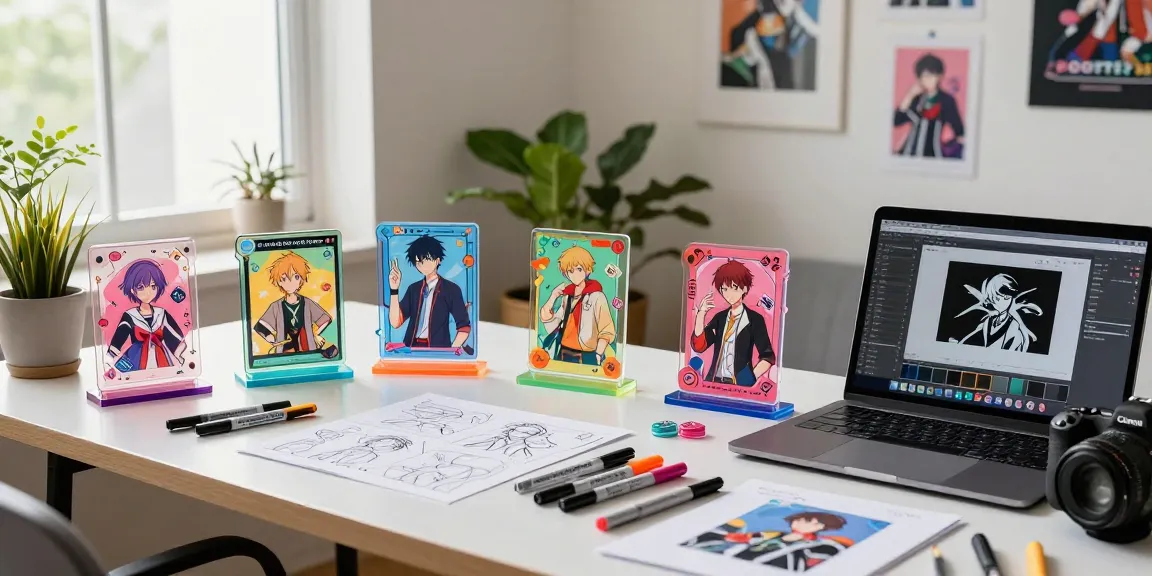 Custom acrylic standee designs on a vibrant workspace table showing creativity and personalization.