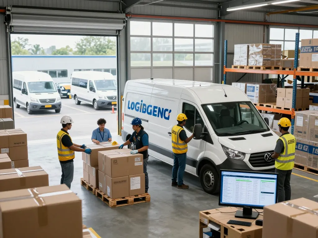 Efficient logistics operations showcasing tracked delivery vehicles and active teamwork in a modern warehouse environment
