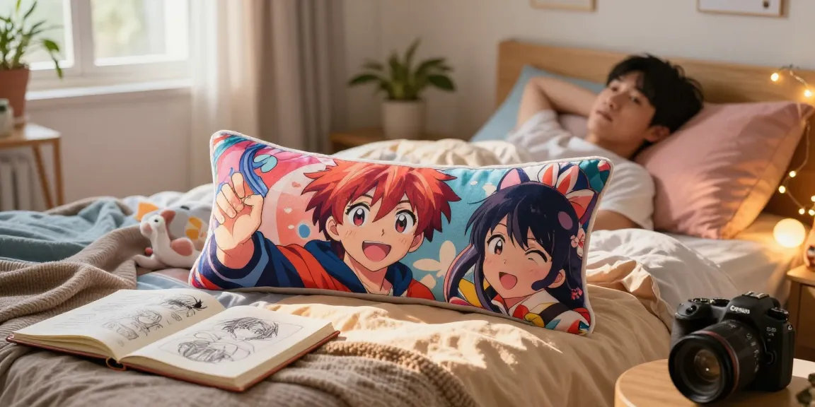 Custom body pillow with vibrant anime design on a cozy bed, showcasing relaxation and creativity.