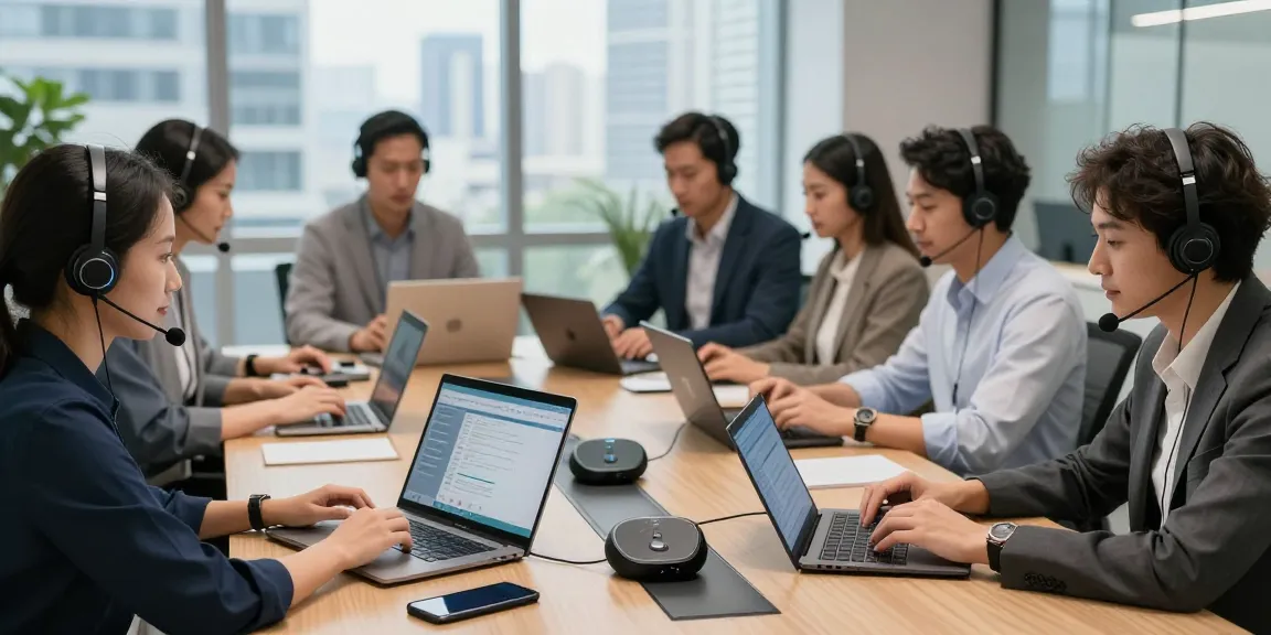 Team collaborating in a modern office with headsets and VoIP phones, showcasing Telecomshop.nl’s products for business.