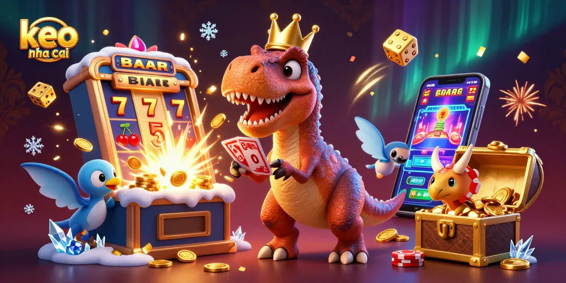 Engage in thrilling keo nha cai action with cartoon T-Rex, Pterodactyl, and Triceratops in a vibrant casino scene.