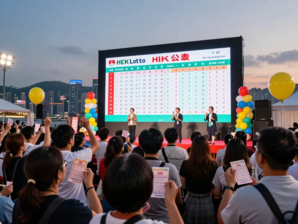 Acara pengundian HK Lotto dengan kerumunan yang bersemangat dan layar hasil yang menyala.