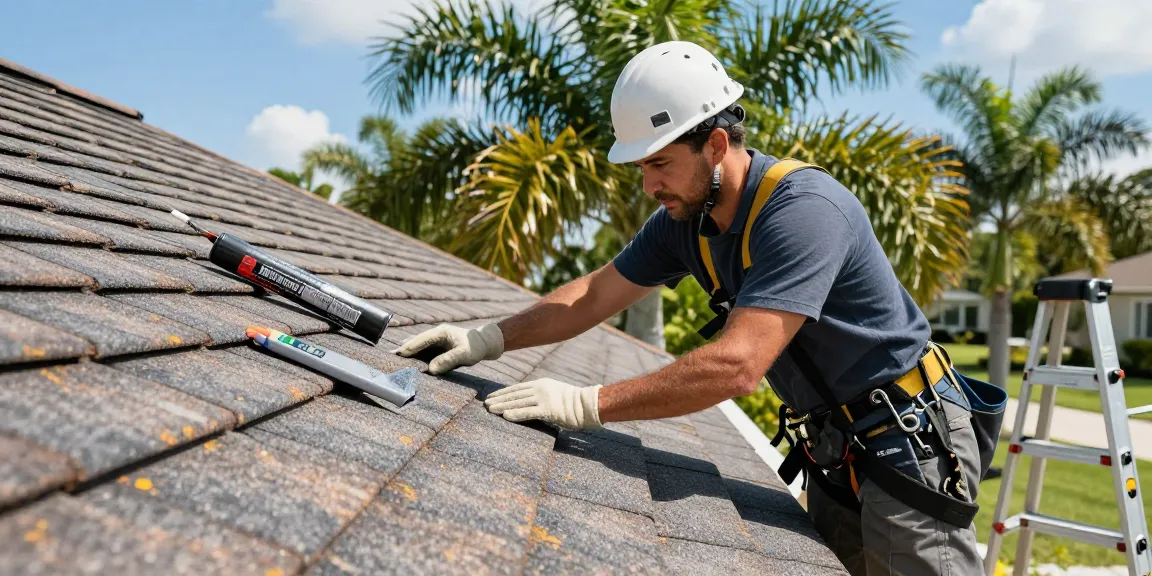 Roof maintenance in Tampa at https://avatarroofing.com/residential-roofing-tampa/roof-maintenance-tampa/, technician inspecting shingles under sunny conditions for preventive care.