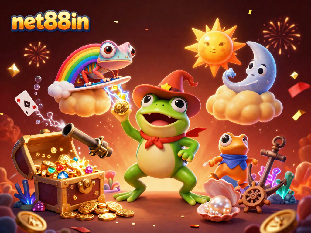 Experience magical wins at net88in with an enchanting 3D casino scene featuring vibrant characters and treasures.