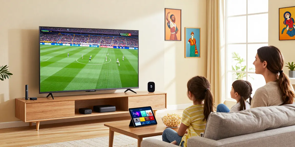 Family watching IPTV on a smart TV, enjoying quality entertainment with iptv-aanbieders.com services in a cozy living room.