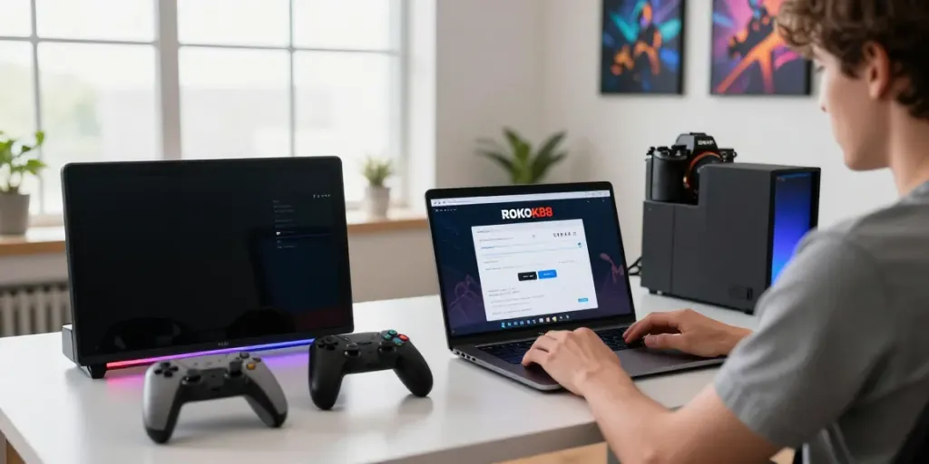 Registering on ROKOK88 platform at a modern gaming setup with vibrant atmosphere.