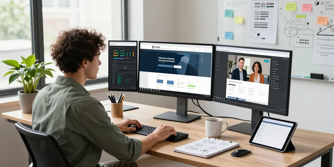 Web developer in Gorakhpur coding in a modern office with multiple screens and project notes.