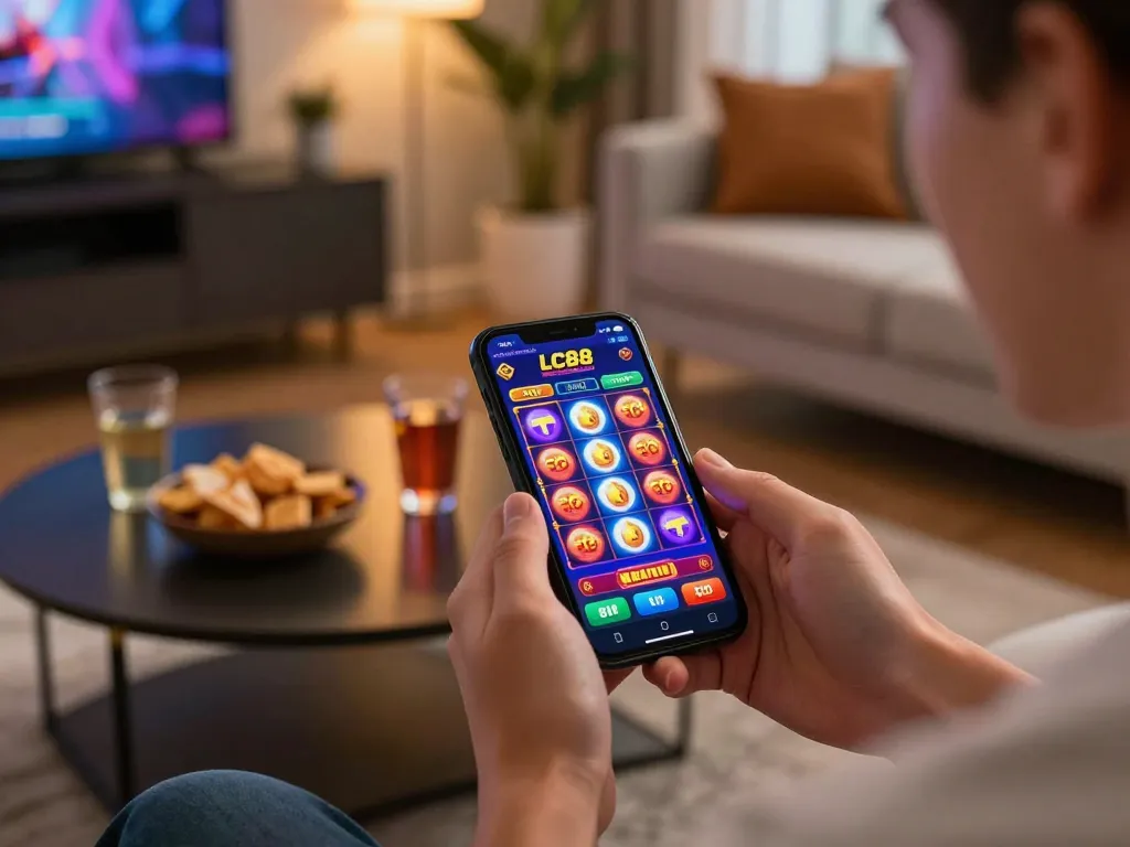 Player enjoying the LC88 mobile casino app, revealing exciting slot game features in a cozy home setting.